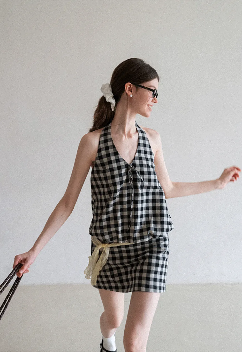 Checkered Halter Neck Tank Top High Waist Skirt Set