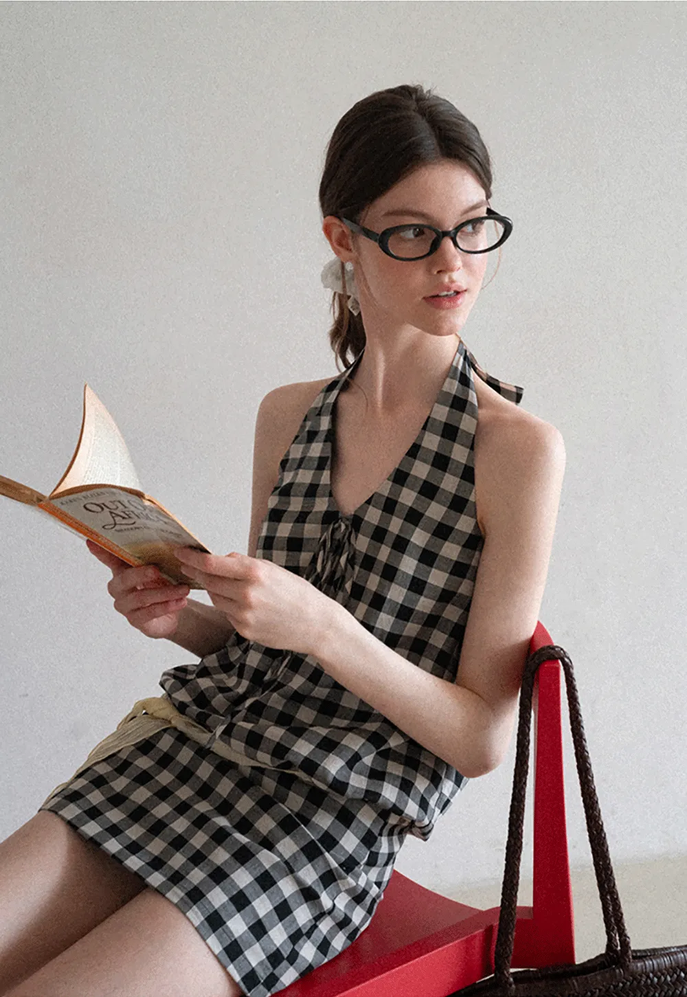 Checkered Halter Neck Tank Top High Waist Skirt Set