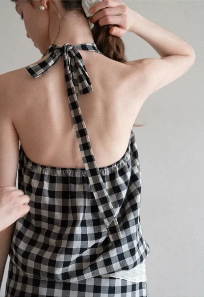 Checkered Halter Neck Tank Top High Waist Skirt Set