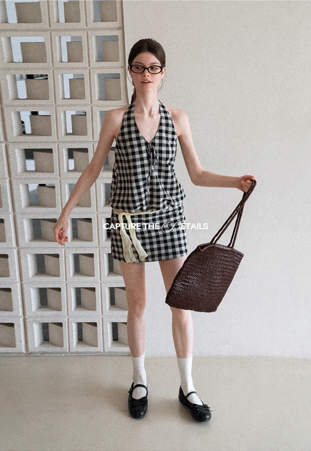 Checkered Halter Neck Tank Top High Waist Skirt Set