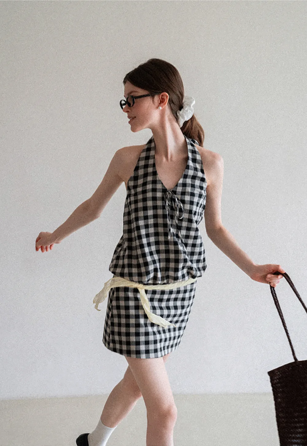 Checkered Halter Neck Tank Top High Waist Skirt Set