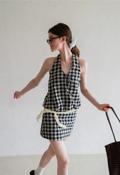 Checkered Halter Neck Tank Top High Waist Skirt Set