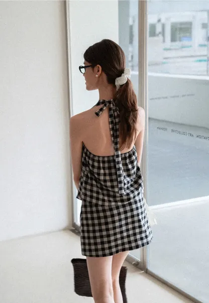 Checkered Halter Neck Tank Top High Waist Skirt Set