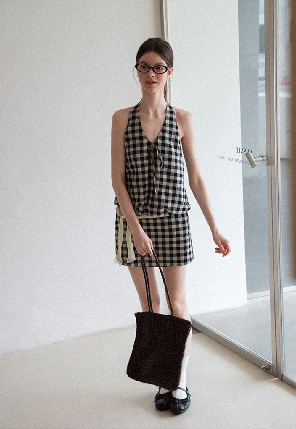 Checkered Halter Neck Tank Top High Waist Skirt Set