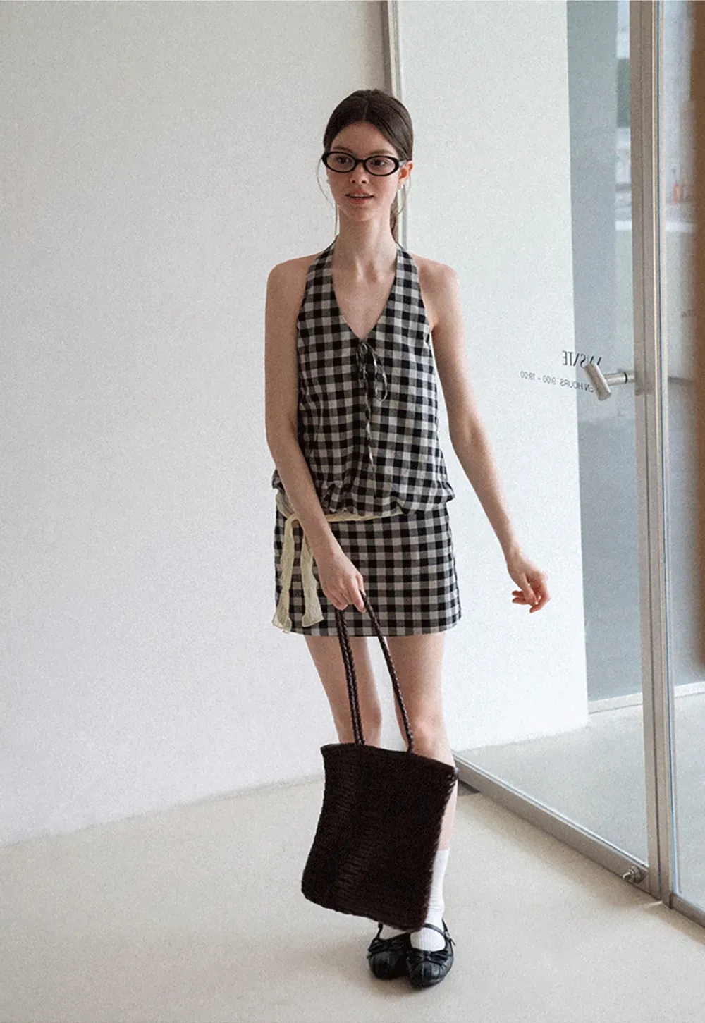 Checkered Halter Neck Tank Top High Waist Skirt Set