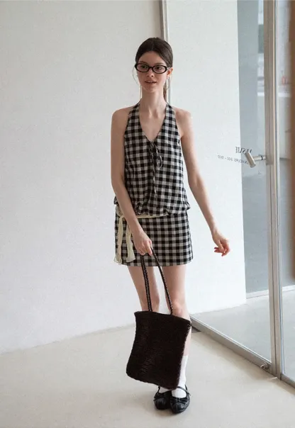 Checkered Halter Neck Tank Top High Waist Skirt Set