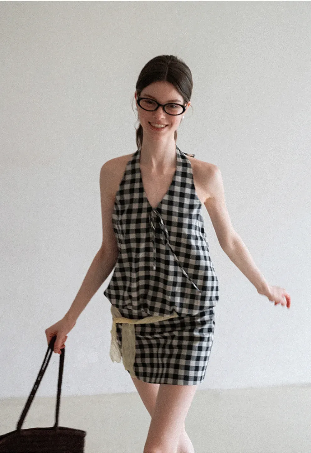 Checkered Halter Neck Tank Top High Waist Skirt Set