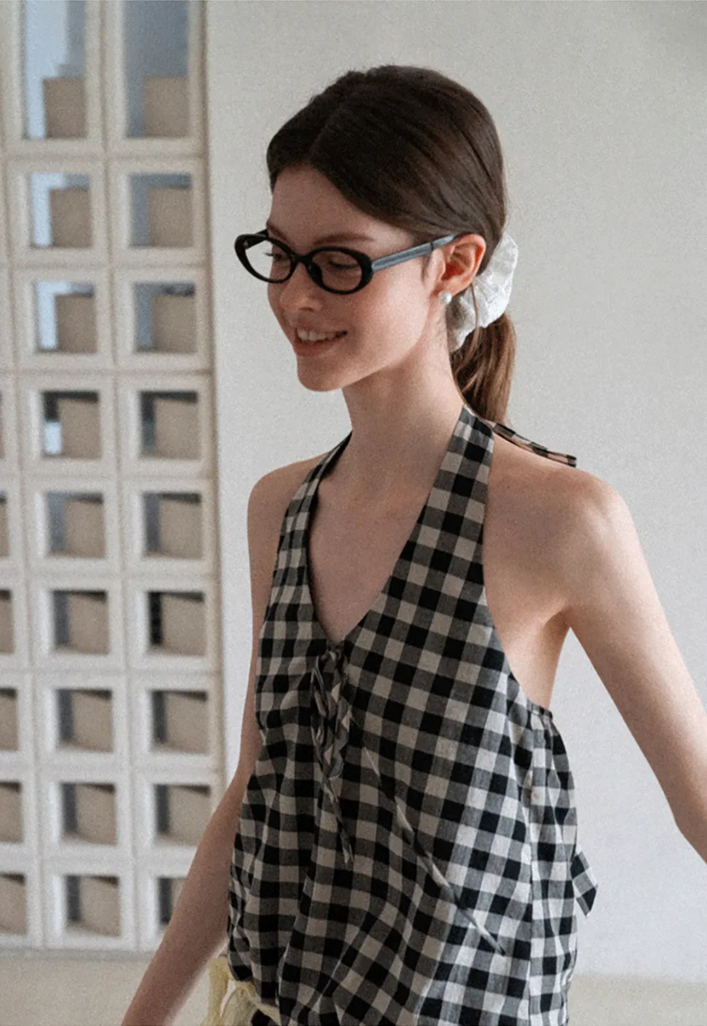 Checkered Halter Neck Tank Top High Waist Skirt Set