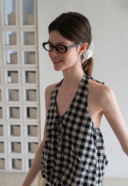 Checkered Halter Neck Tank Top High Waist Skirt Set