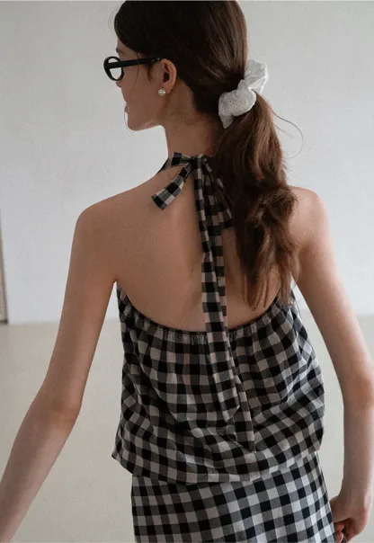 Checkered Halter Neck Tank Top High Waist Skirt Set