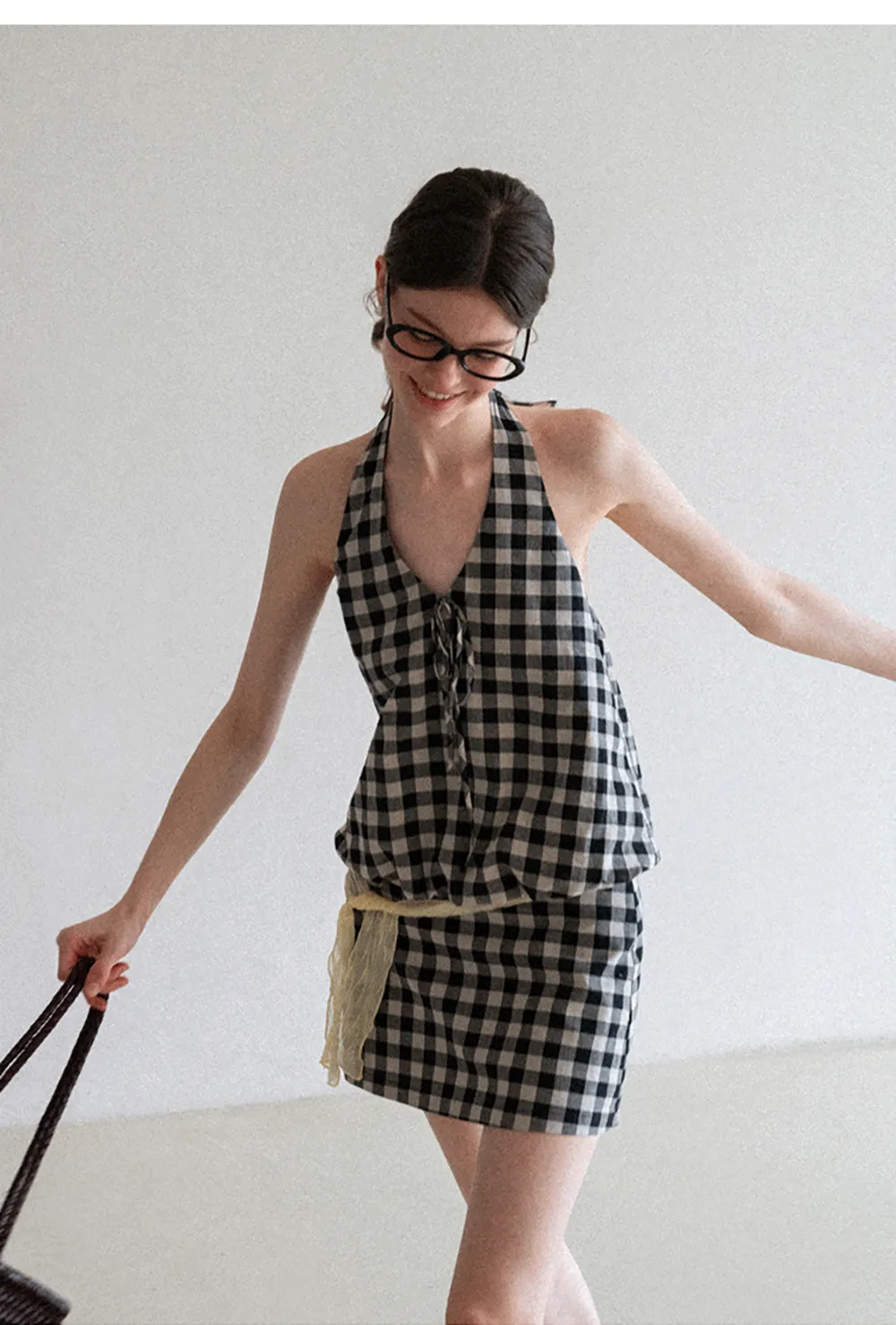 Checkered Halter Neck Tank Top High Waist Skirt Set