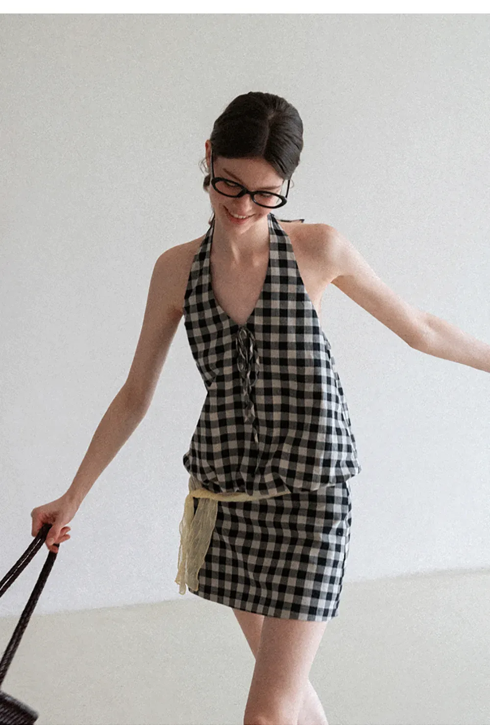 Checkered Halter Neck Tank Top High Waist Skirt Set