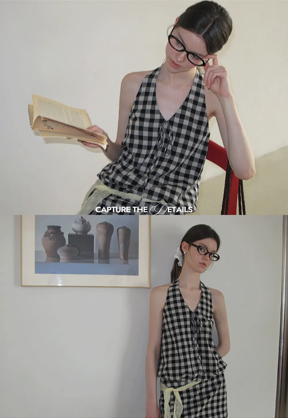 Checkered Halter Neck Tank Top High Waist Skirt Set