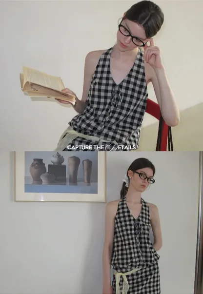 Checkered Halter Neck Tank Top High Waist Skirt Set