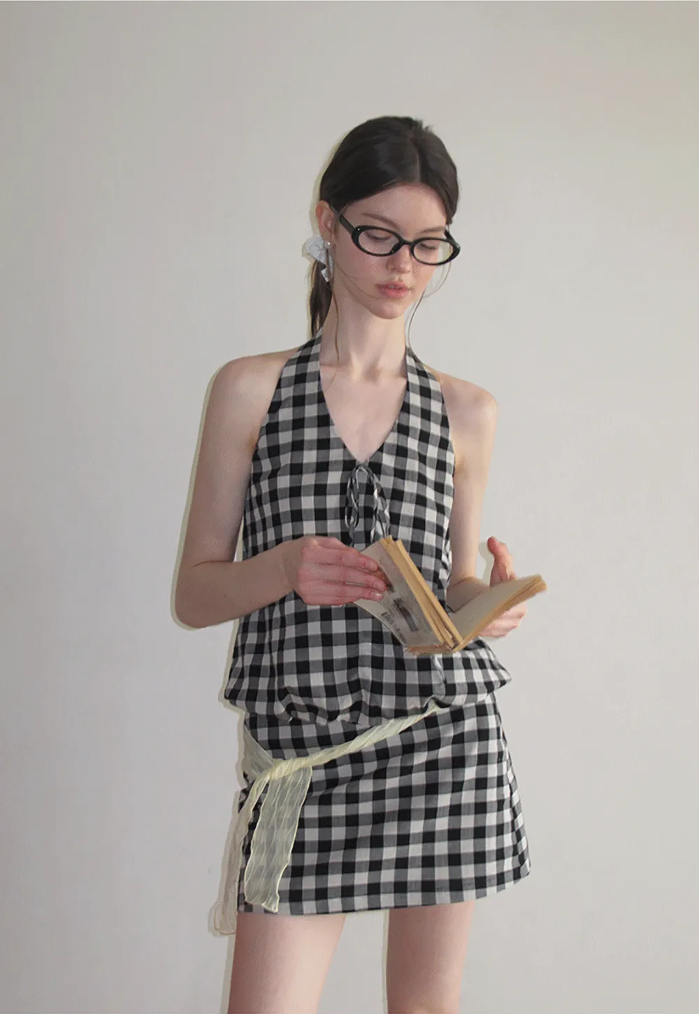 Checkered Halter Neck Tank Top High Waist Skirt Set