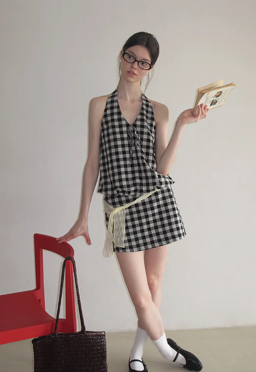 Checkered Halter Neck Tank Top High Waist Skirt Set