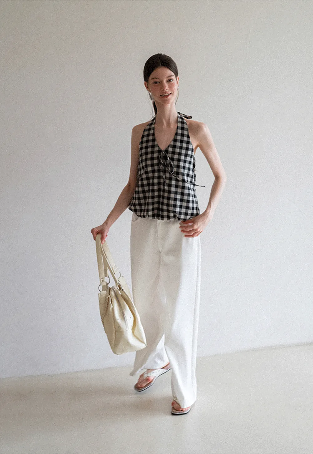 Checkered Halter Neck Tank Top High Waist Skirt Set