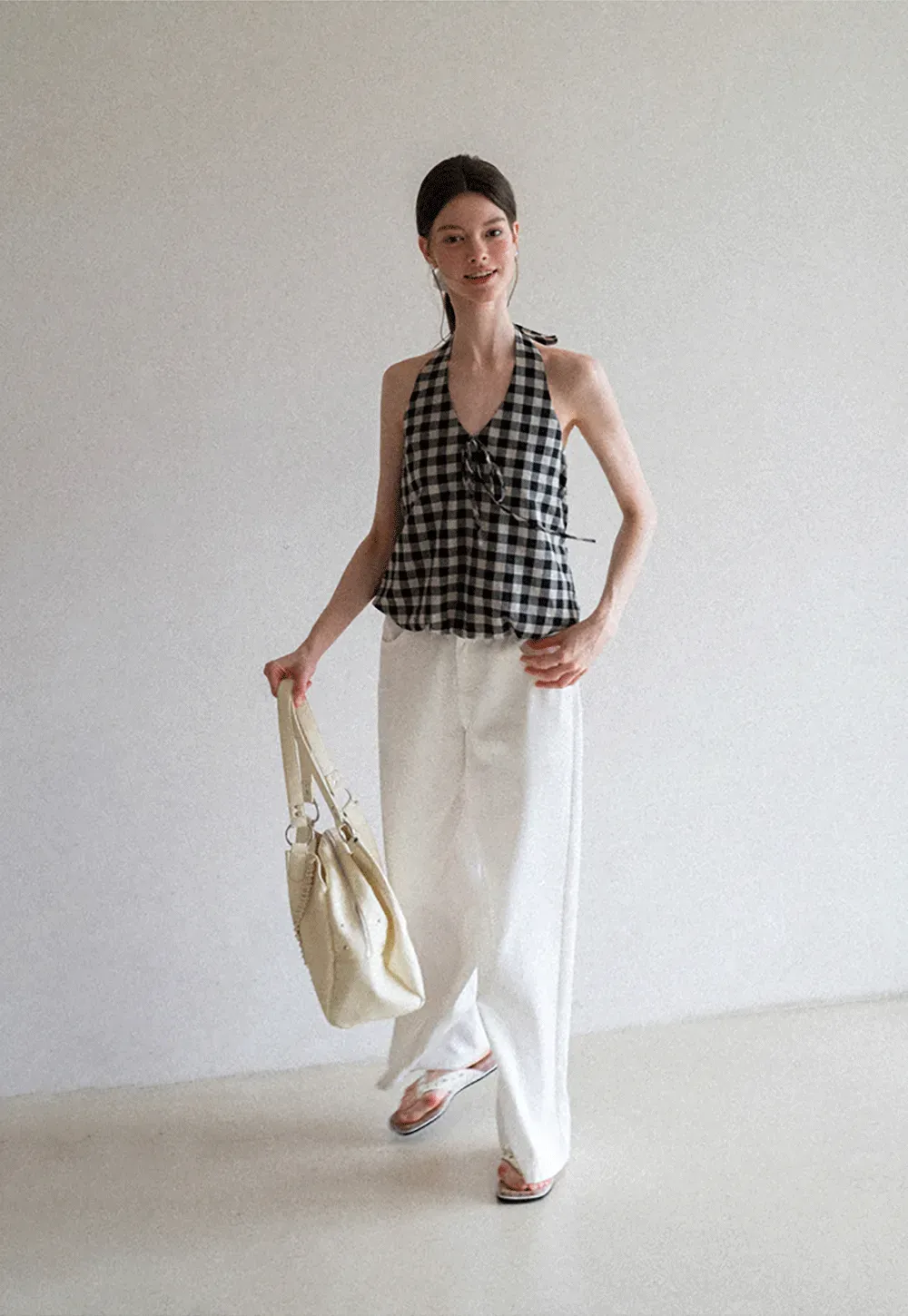 Checkered Halter Neck Tank Top High Waist Skirt Set