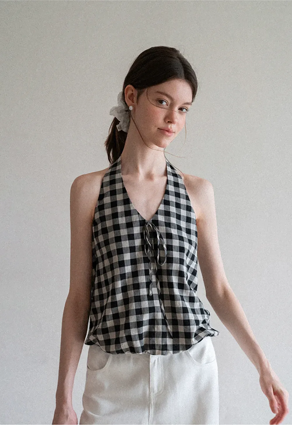 Checkered Halter Neck Tank Top High Waist Skirt Set