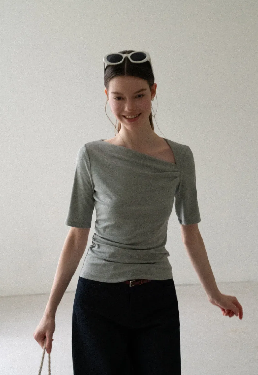 Asymmetric Draped Neckline Short Sleeve T Shirt