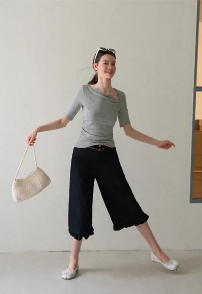 Asymmetric Draped Neckline Short Sleeve T Shirt
