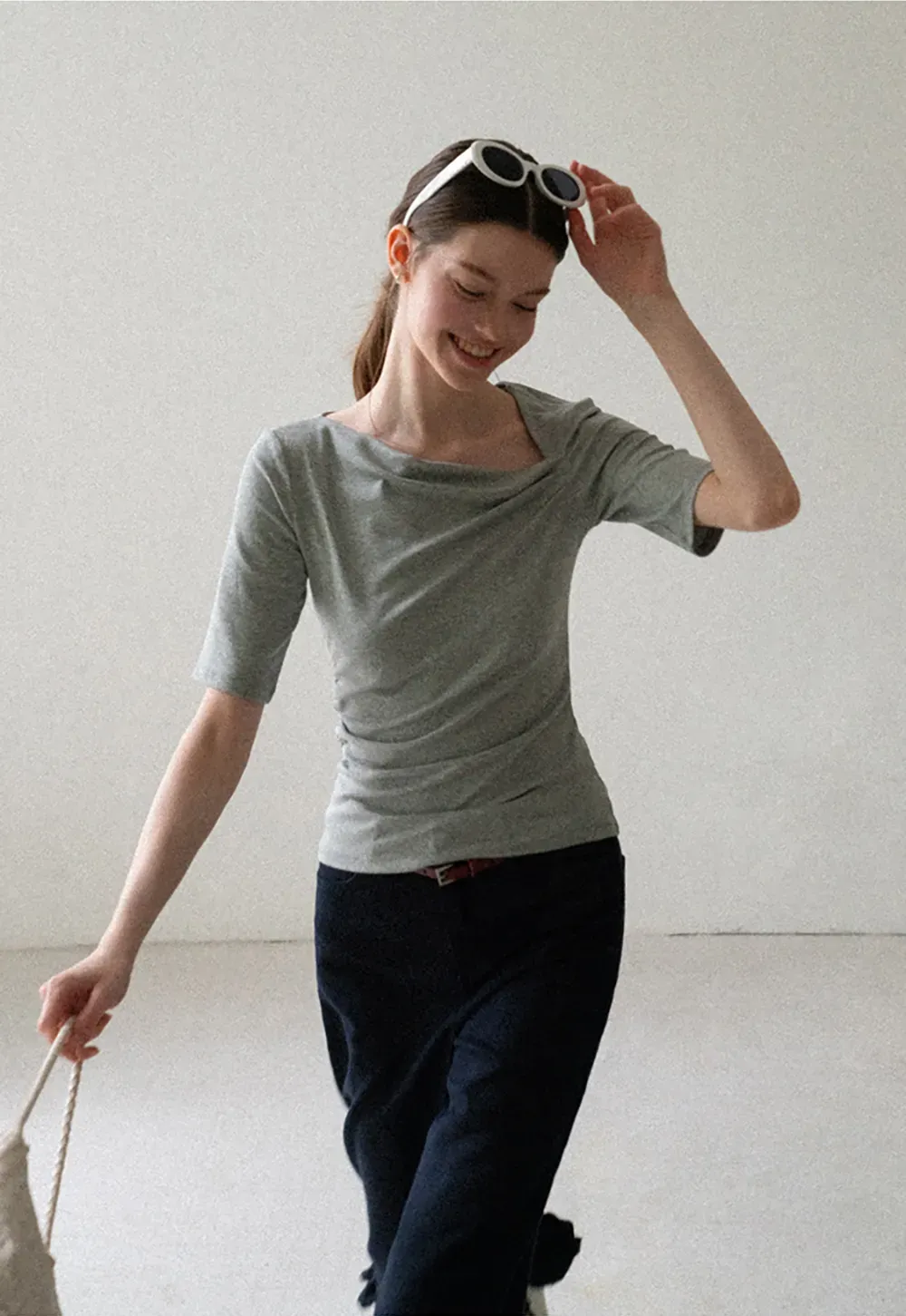 Asymmetric Draped Neckline Short Sleeve T Shirt