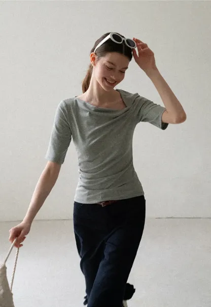 Asymmetric Draped Neckline Short Sleeve T Shirt