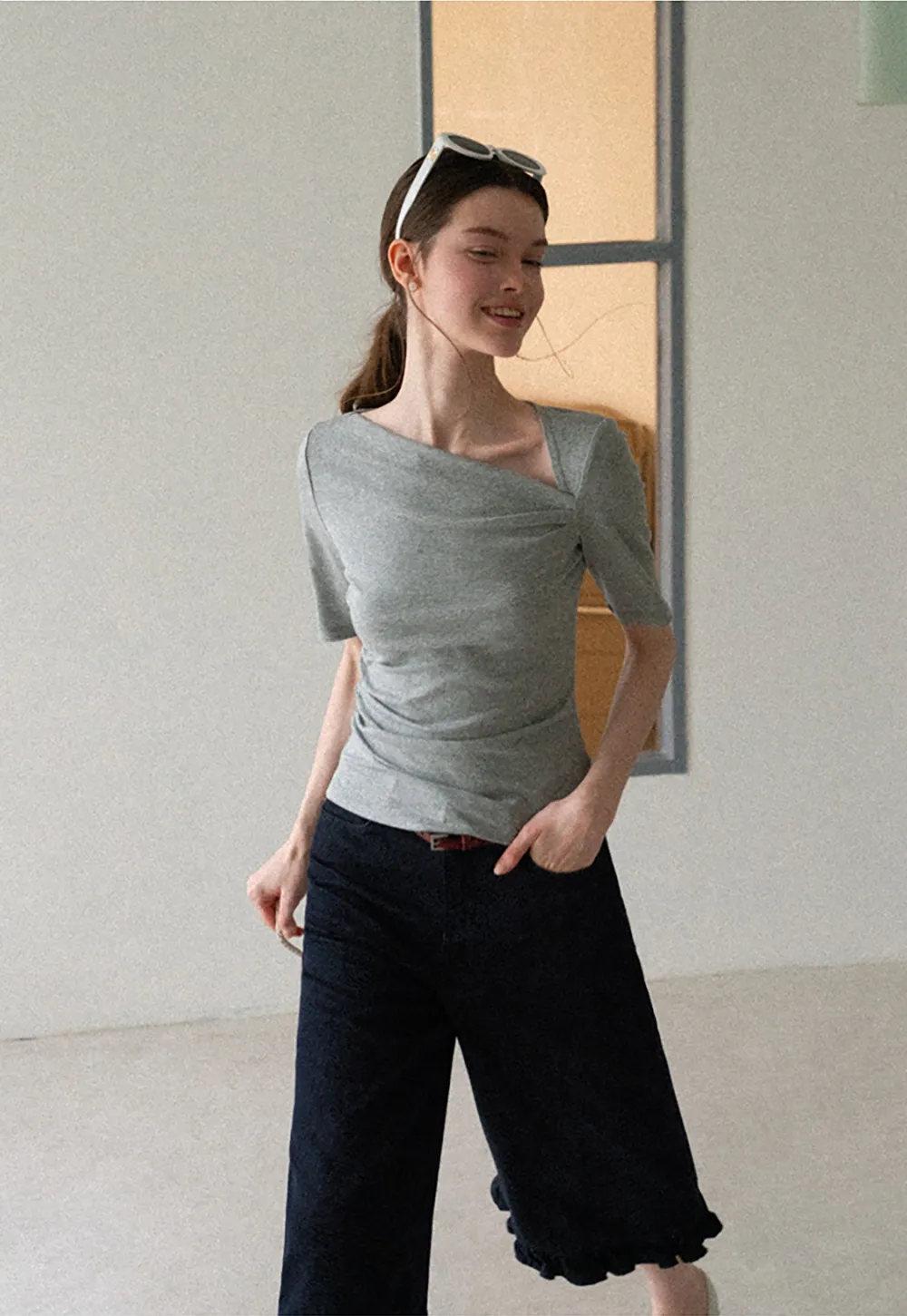 Asymmetric Draped Neckline Short Sleeve T Shirt