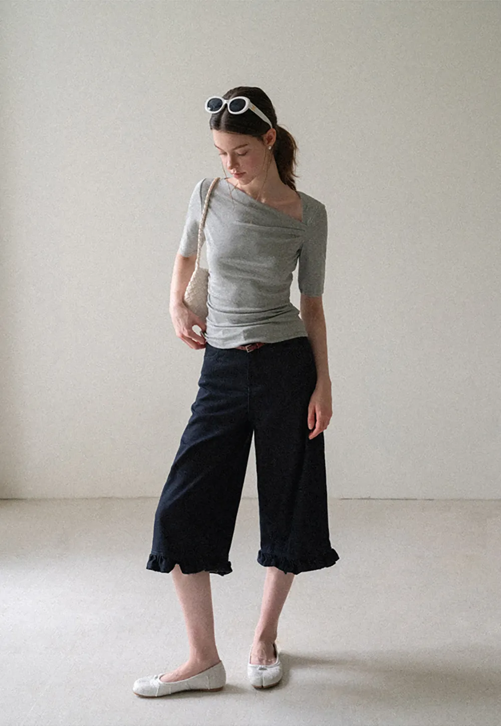 Asymmetric Draped Neckline Short Sleeve T Shirt
