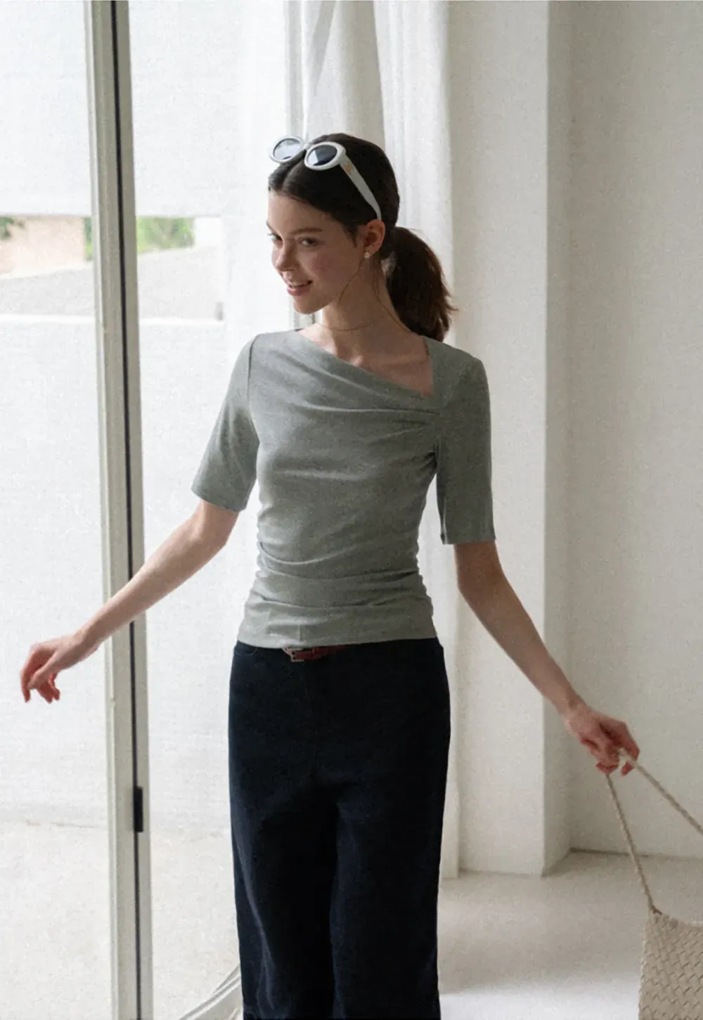Asymmetric Draped Neckline Short Sleeve T Shirt