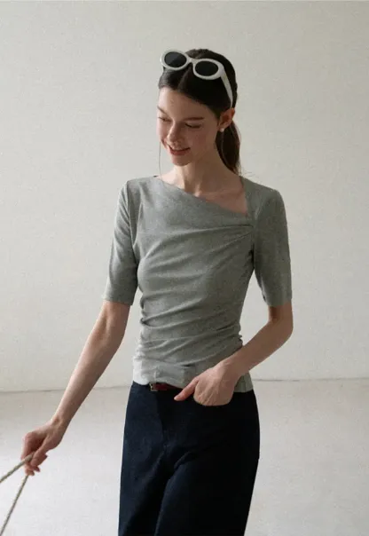 Asymmetric Draped Neckline Short Sleeve T Shirt