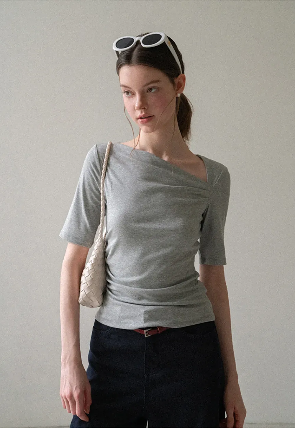 Asymmetric Draped Neckline Short Sleeve T Shirt