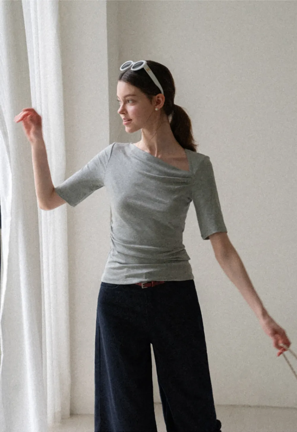 Asymmetric Draped Neckline Short Sleeve T Shirt