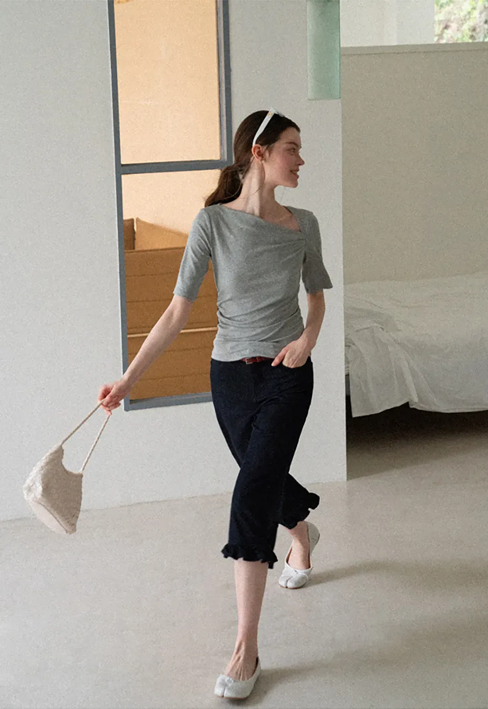 Asymmetric Draped Neckline Short Sleeve T Shirt