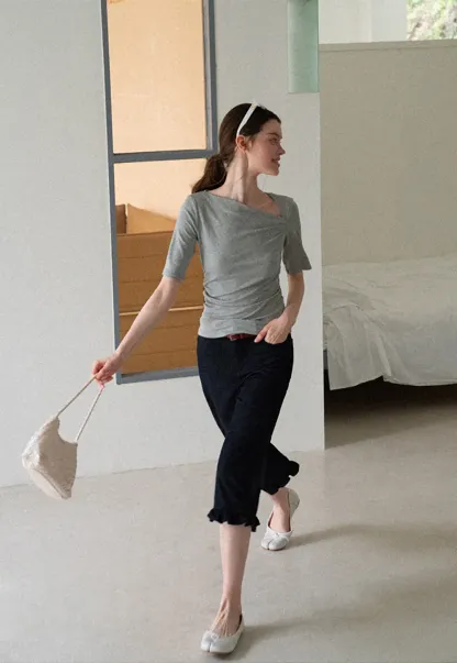 Asymmetric Draped Neckline Short Sleeve T Shirt