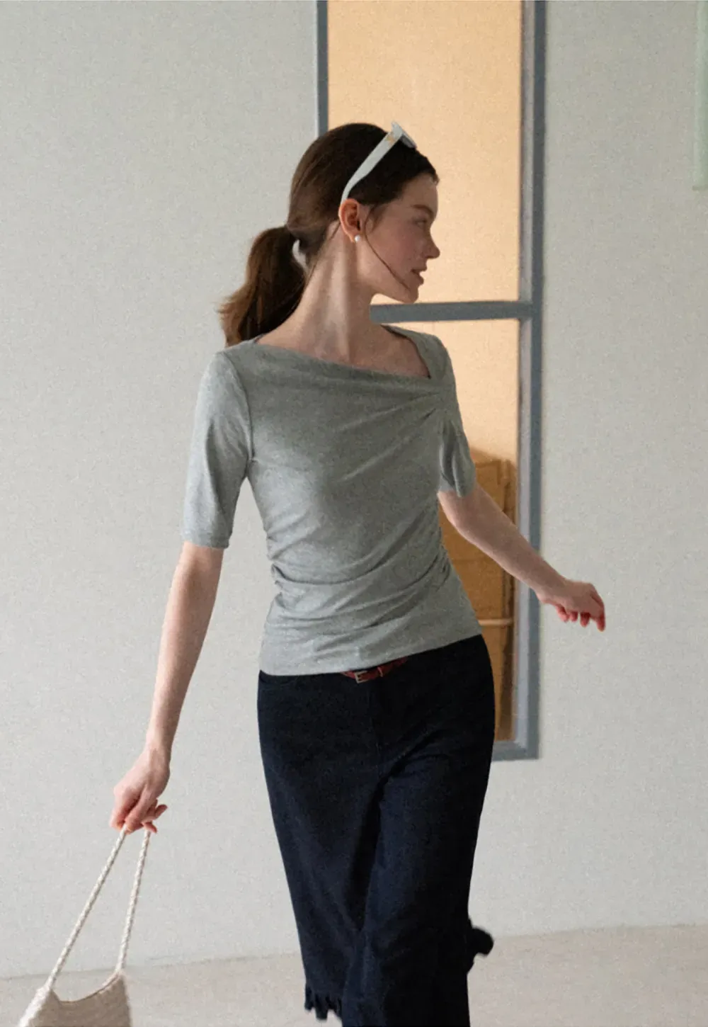 Asymmetric Draped Neckline Short Sleeve T Shirt