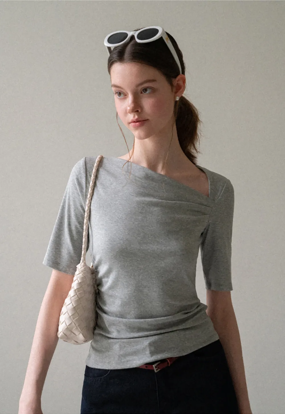 Asymmetric Draped Neckline Short Sleeve T Shirt