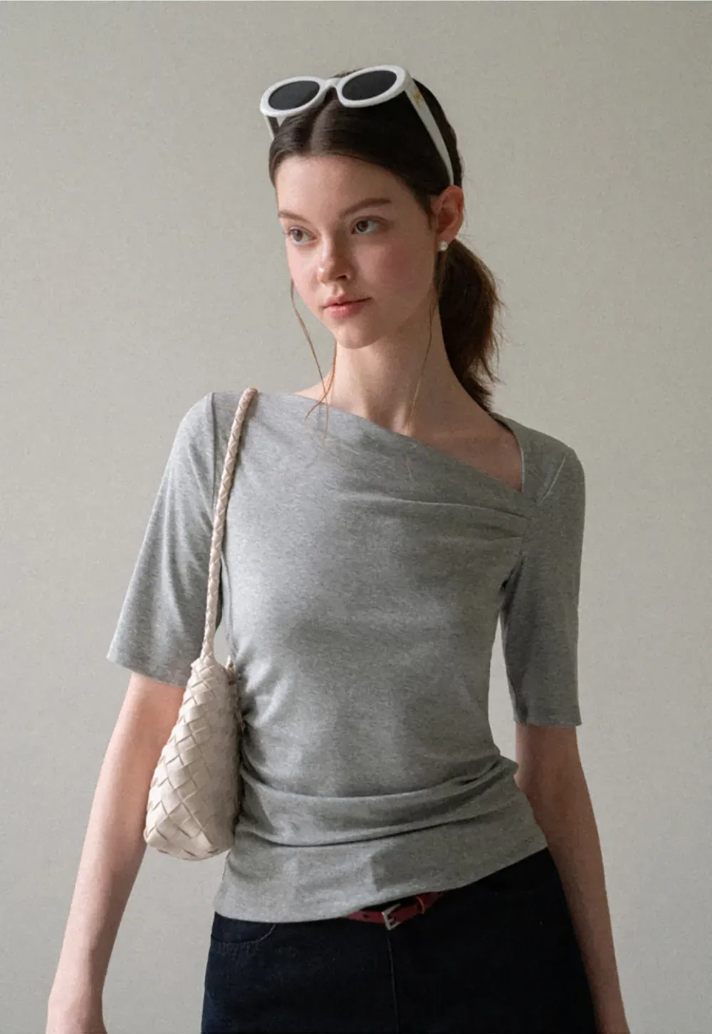 Asymmetric Draped Neckline Short Sleeve T Shirt
