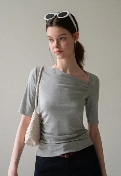 Asymmetric Draped Neckline Short Sleeve T Shirt