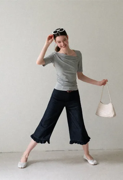 Asymmetric Draped Neckline Short Sleeve T Shirt