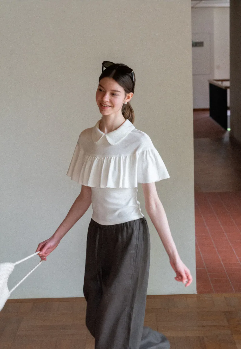 Pleated Collar Short Sleeve T Shirt
