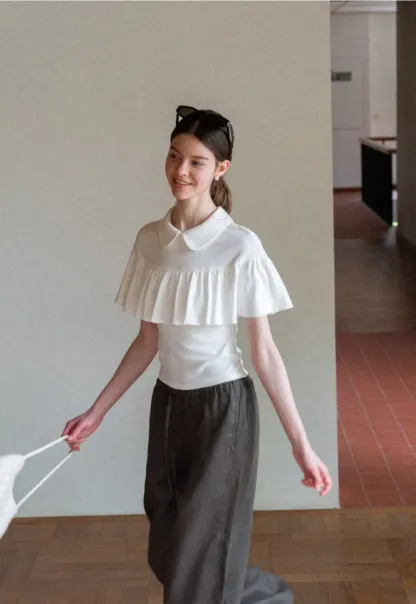 Pleated Collar Short Sleeve T Shirt