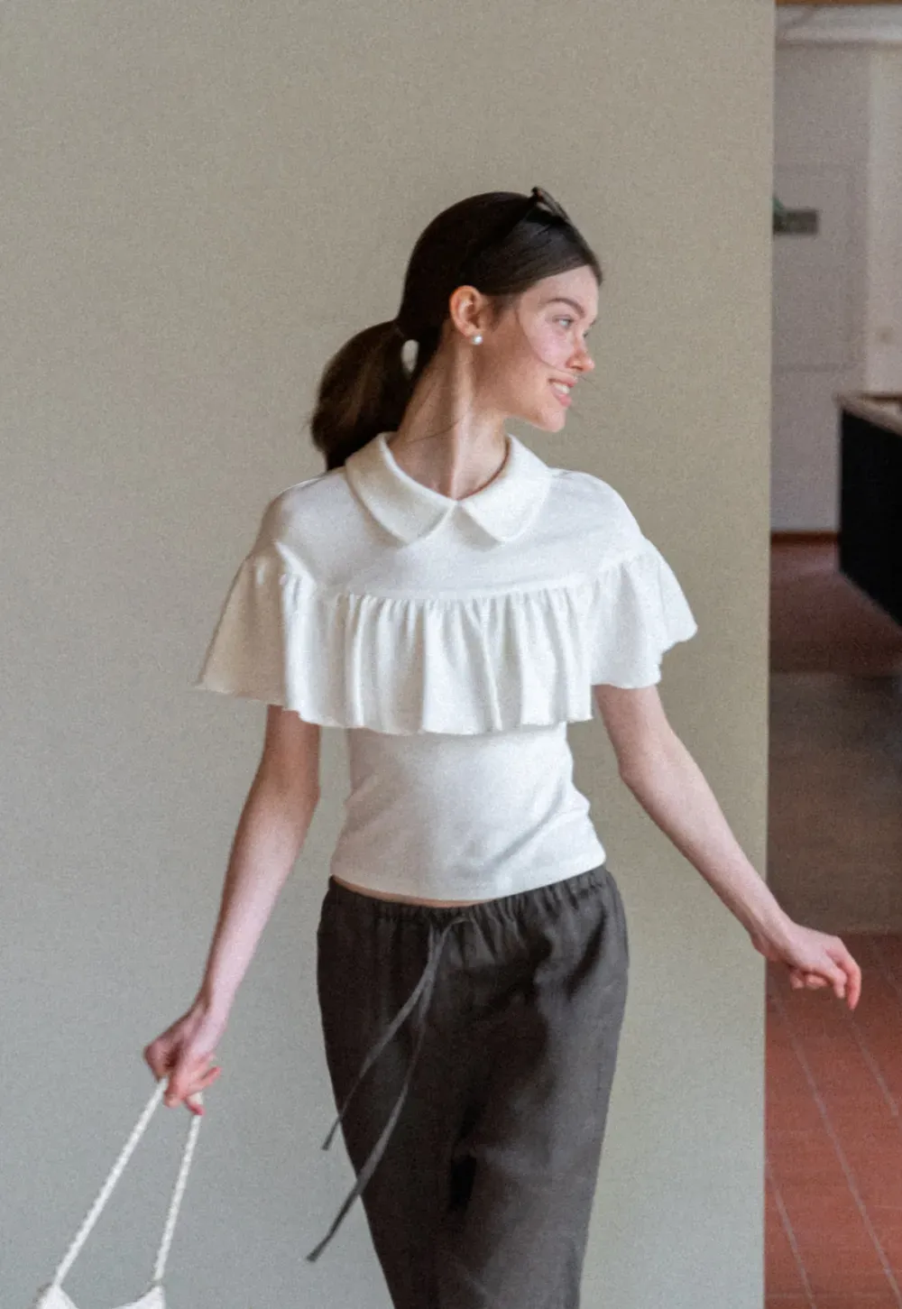 Pleated Collar Short Sleeve T Shirt