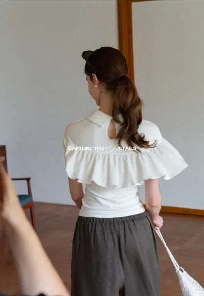 Pleated Collar Short Sleeve T Shirt