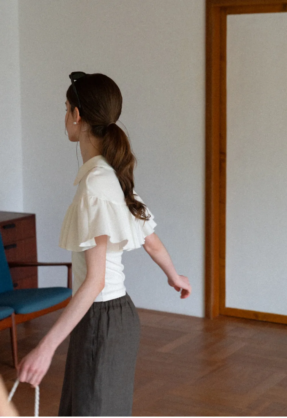 Pleated Collar Short Sleeve T Shirt