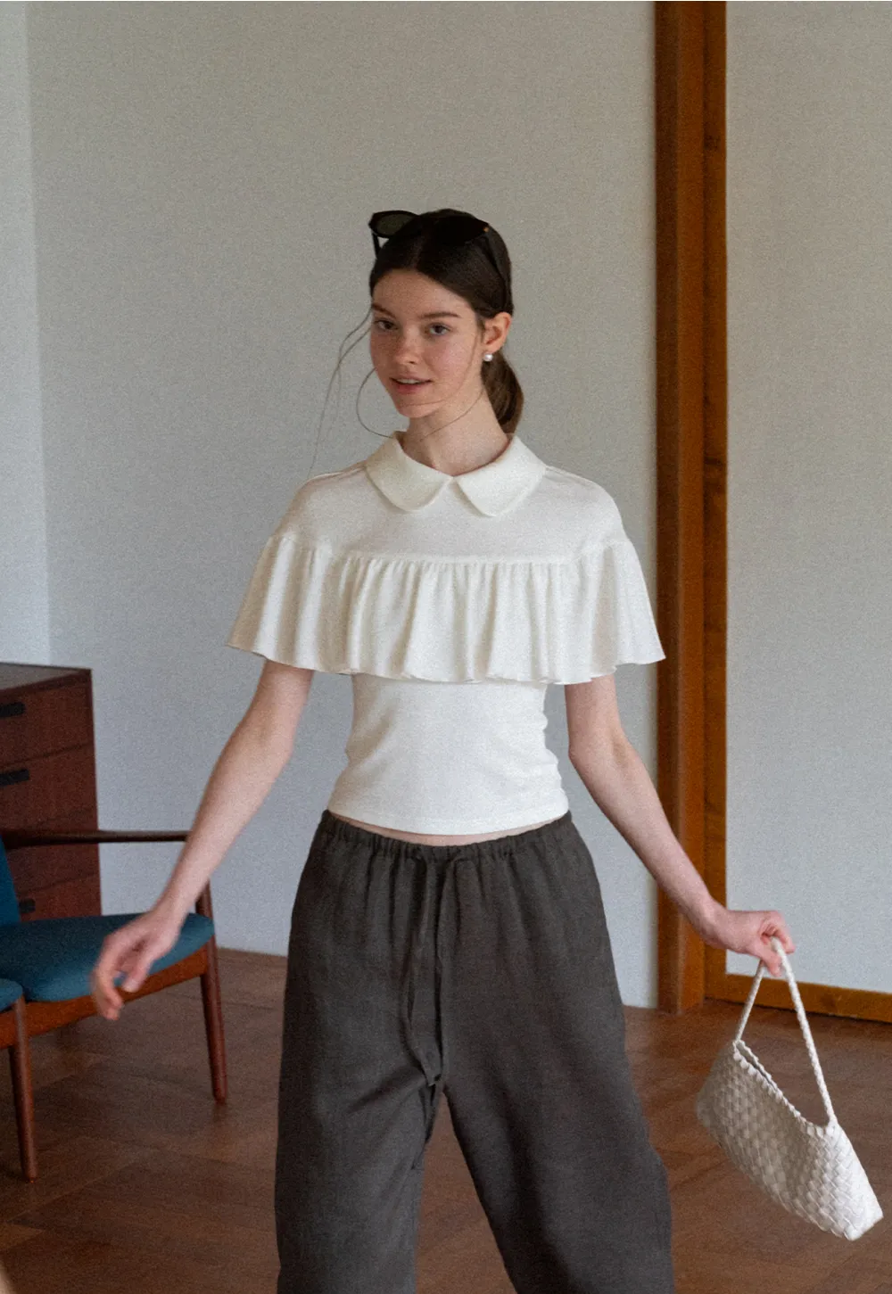 Pleated Collar Short Sleeve T Shirt