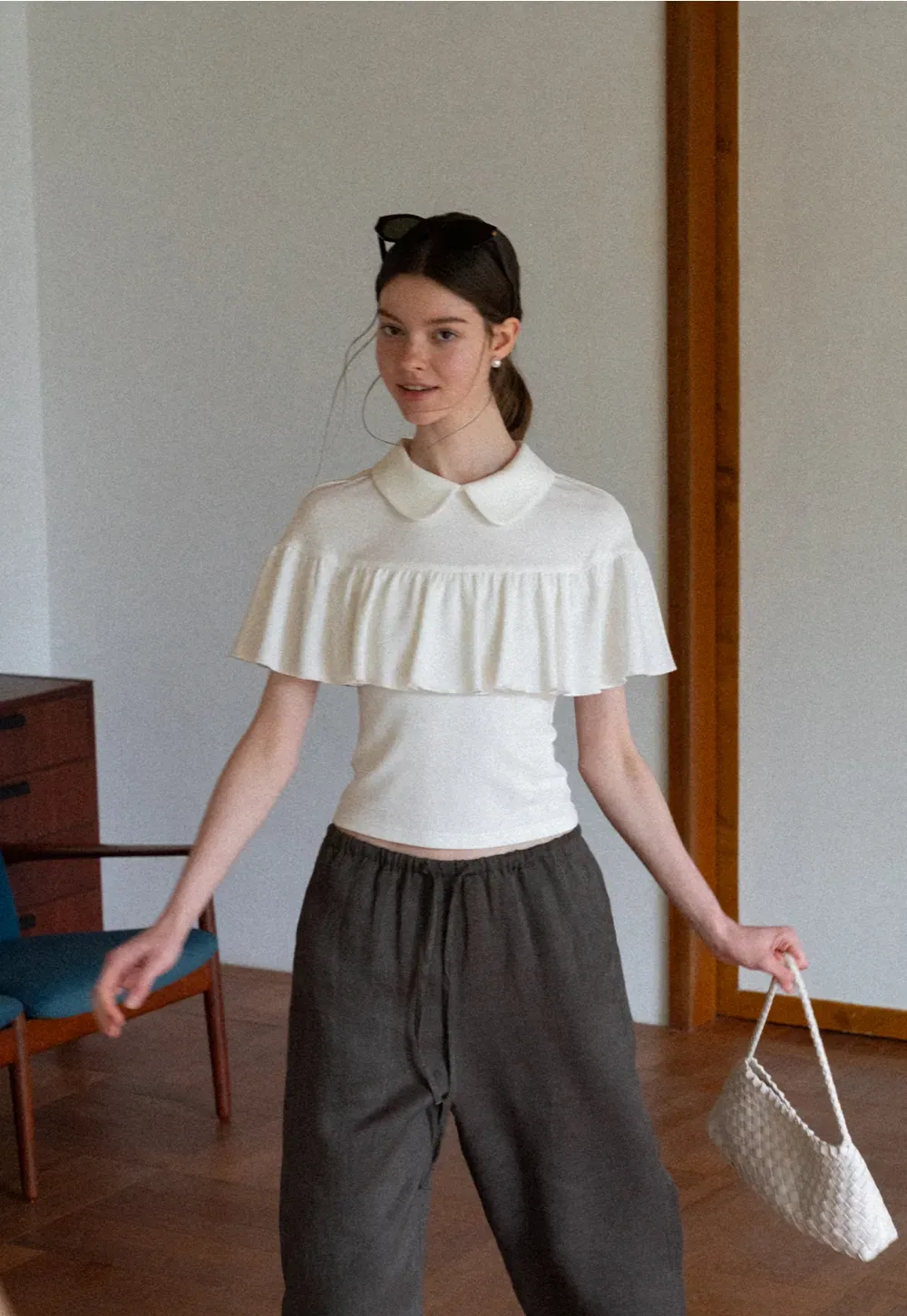 Pleated Collar Short Sleeve T Shirt
