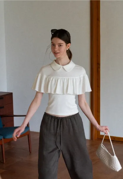 Pleated Collar Short Sleeve T Shirt