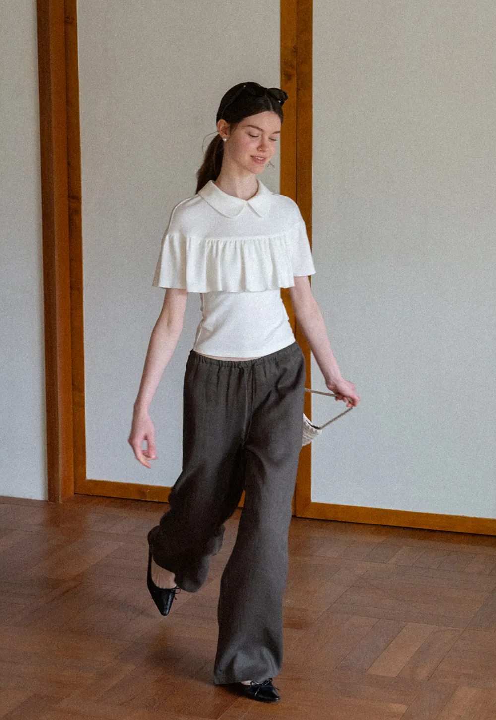 Pleated Collar Short Sleeve T Shirt
