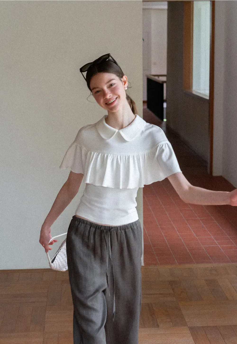 Pleated Collar Short Sleeve T Shirt